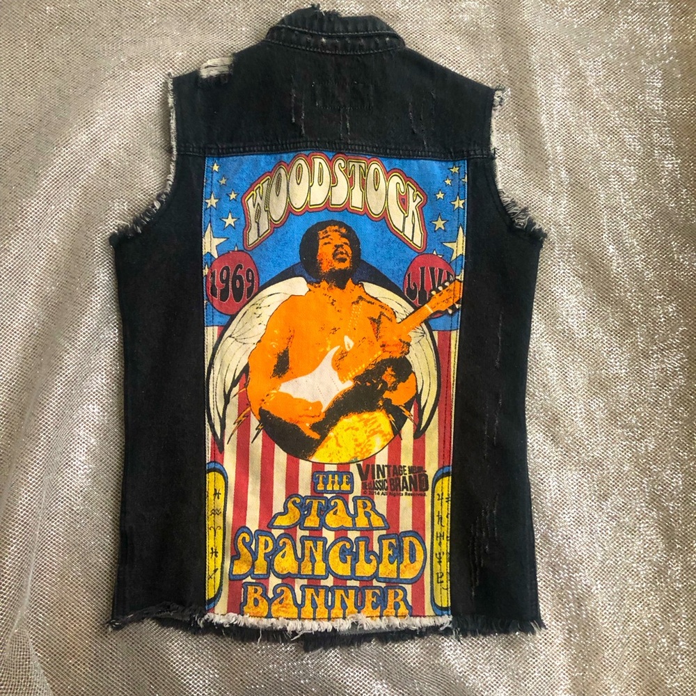 Jimi Hendrix Distressed Graphic Denim Vest The Classic Vintage sz Sm- Disc Ship